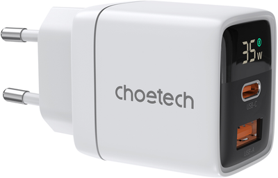 Ładowarka sieciowa Choetech USB-A USB-C PD 35W z wyświetlaczem White (PD6052-EU-WH)