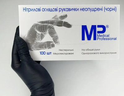 Нітрилові рукавиці MEDICAL PROFESSIONAL без пудри текстуровані розмір M 100 шт Чорні