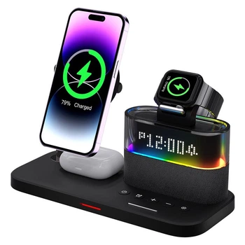 Бездротова зарядна док станція 5в1 MagSafe докстанція для Apple iPhone 8 X 11 12 13 14 Pro Max Mini Plus швидка магнітна зарядка для айфон навушників AirPods та годинника Apple Watch з годинником підсвіткою та будильником Black C09-B