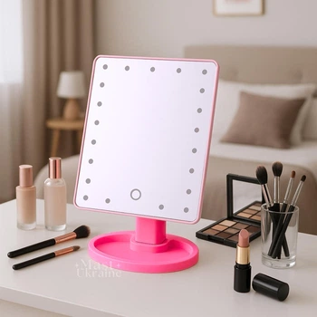 Зеркало с подсветкой для макияжа настольное прямоугольное Large Mirror, косметическое LED-зеркало с регулировкой наклона и подставкой для мелочей, питание от USB/батареек Розовое, MLLM-22-Pink