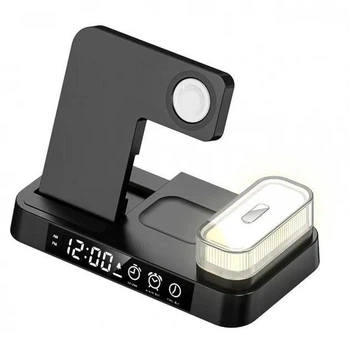 Беспроводная зарядка Magsafe стенд + часы ночник А 37 4в1 Fast 30W для iPhone Apple Watch AirPods для айфона часов black