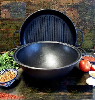 Котел чугунный 8л 34 см узбекский WOK с крышкой-сковородкой гриль Maysternya Т405СРGr