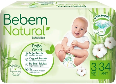 Подгузники детские Bebem Natural 3 Midi ( 4-9 кг) 34 шт