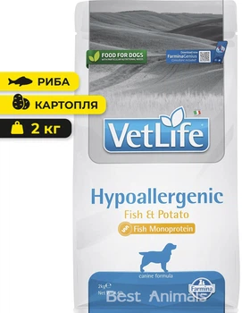 Ветеринарная диета для собак Farmina Фармина Vet Life Hypoallergenic сухой корм при пищевой аллергии с рыбой и картофелем 2 кг (8010276025265)