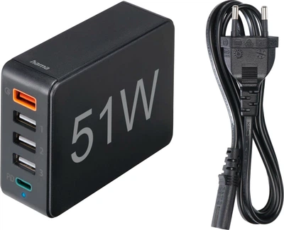 Мережевий зарядний пристрій Hama 4xUSB-A USB-С QC PD 51 Вт Black (00201630)