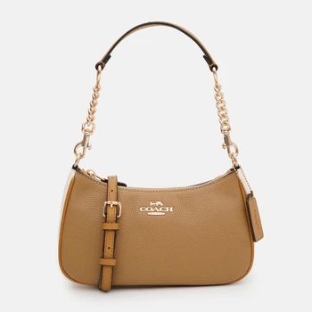 Сумка багет седло женская из натуральной кожи средняя Coach Teri Shoulder Bag In Signature Canvas BG-COA-66 Бежевая (195031574955)