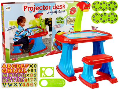 Stolik edukacyjny z projektorem LEAN Toys Niebiesko Czerwony z krzesełkom, magnesy i obrazki (5903802459180)