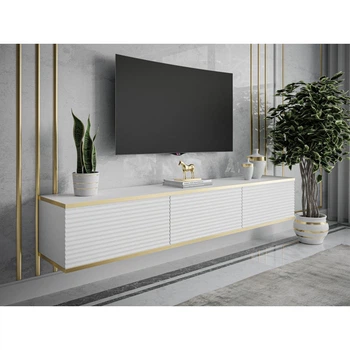 Тумба под телевизор ROYAL 2, навесная с рифлеными фасадами (175×30×32 см), белый/золото