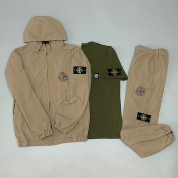 Мужской спортивный костюм 3в1 сет +футболка хаки Stone Island L коричневый (0112)