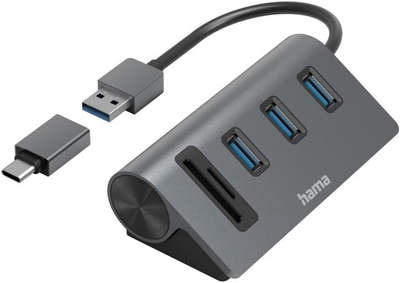 USB-хаб Hama 3 x USB-A + SD + microSD Grey (4047443497659)