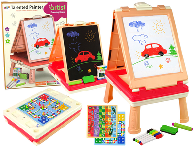 Stolik - tablica dwustronna do rysowania LEAN Toys 3w1, Różowy, kreda, pisaki i gra (5905515356350)