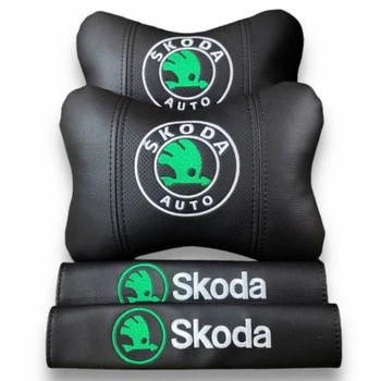 Комплект подушек Skoda Шкода на подголовники + накладки на ремни безопасности с вышивкой | Аксессуары для авто АвтоХоп