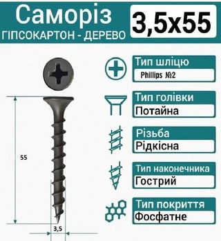 Саморез-шуруп 3,5х55 по дереву чёрный, 500 шт