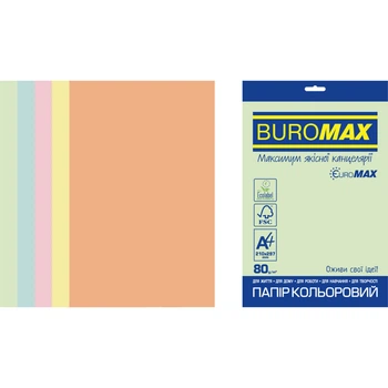 Папір BuroMax EuroMAX Pastel А4 80 г/м2 250 аркушів 5 кольорів пастель (BM.27212250E-99)