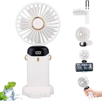 Портативный мини вентилятор ручной Mini Fan 3276 с дисплеем и подставкой для телефона на 5 скоростей Белый