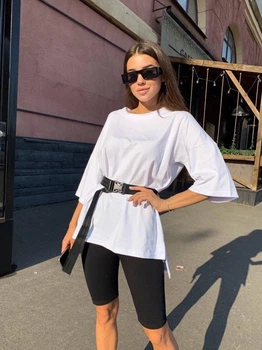 Жіночий костюм футболка оверсайз та шорти-велосипедки KM 20556 L-2XL Білий з чорним (KM -20556/02 B )