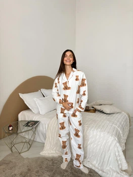 Жіноча домашня тепла піжама Тедді (сорочка+штани) COSY XL Молочний (cosy3958872s4)