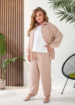 Жіночий лляний костюм трійка (брюки+майка+сорочка) Uaclothes 54-56 Бежевий (like33331-135451359)