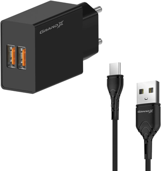 Зарядний пристрій Grand-X CH-15T 5 В 2.1 A USB із захистом від перевантаження + USB Type-C Black