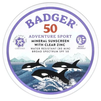 Минеральное солнцезащитное средство с прозрачным цинком SPF 50 Badger Company, Adventure Sport, без запаха, 68 г