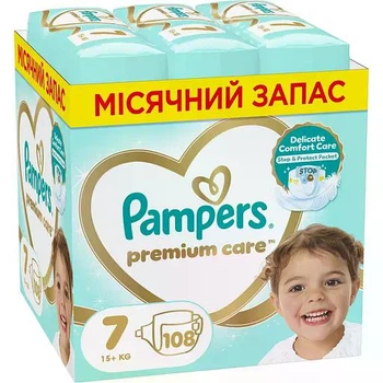 Підгузки Pampers Premium Care розмір 7 (15+ кг), 108 шт, комплект на місяць