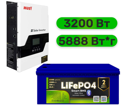 Комплект резервного питания Must инвертор + LiFePO4 аккумулятор (W3200 + АКБ LiFePO4 5888Wh)