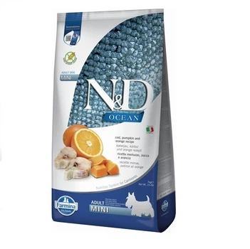 Фармина сухой корм для собак N&D GRAIN FREE OCEAN COD, PUMPKIN & ORANGE ADULT MINI с треской, тыквой и апельсином, 7 кг