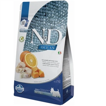 Фармина сухой корм для собак N&D GRAIN FREE OCEAN COD, PUMPKIN & ORANGE ADULT MINI с треской, тыквой и апельсином, 800 г