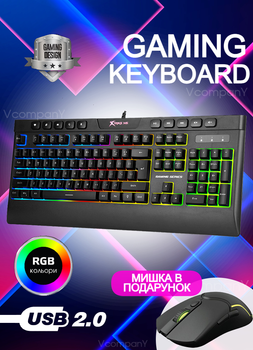 Клавіатура ігрова XTRIKE GAME KEYBOARD, Провідна геймерська клавіатур, мембранна клавіатура, клавіатура з підсвічуванням RGB + мишка ігрова у подарунок