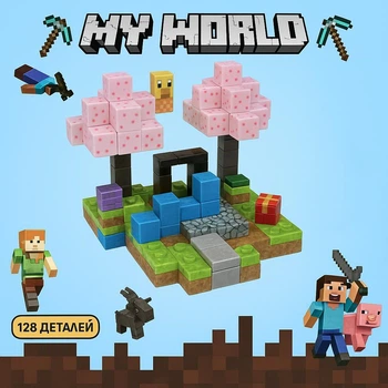 Магнитный конструктор Minecraft "Цветение сакуры", Конструктор Майнкрафт для детей, 128 деталей