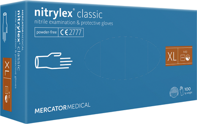 Нітрилові рукавички Mercator Medical Nitrylex Classic неопудрені, діагностичні, сині, розмір XL, 100 шт (3.1020)
