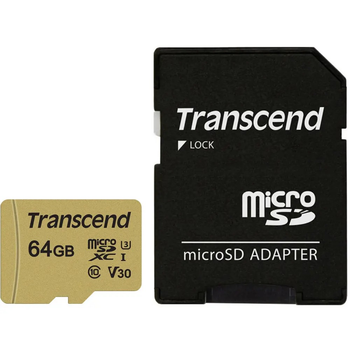 Карта памяти MicroSDXC 64GB UHS-I/U3 Class 10 Transcend 500S + SD-adapter (TS64GUSD500S)