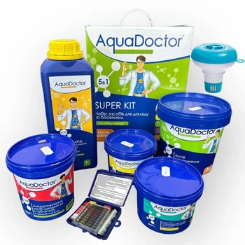 Набор средств по уходу за бассейном Стартовый 5в1 AquaDoctor Super Kit + поплавок для химии и тестер для воды Набор химия для бассейна (VS1026)