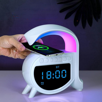 Аккумуляторный RGB ночник с беспроводной зарядкой, часами и будильником G Smart Light Sound Machine, беспроводной светильник Bluetooth колонка Белый A-16-White