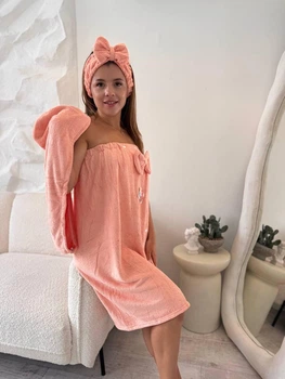 Женский купальный набор 3в1 Розовый One size полотенце-халат полотенце-чалма и повязка из микрофибры (Р7-al-sauna-25-001-3)