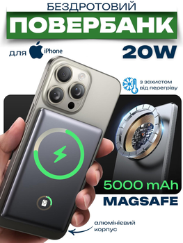 Магнітний повербанк 5000 mah powerbank magsafe для епл apple айфона iphone 12 / 13 / 14 / 15 / 16 тонкий бездротовий портативний MAGPRO slim QINETIQ Aluminium 20W магсейф магнітна бездротова зарядка універсальна павер банк максейв gray