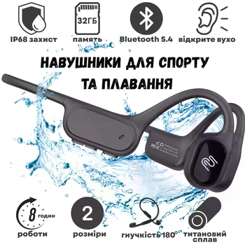 Навушники для спорту бігу плавання та басейну FlowMotion Versa Max Bluetooth 5.4 бездротові водонепроникні IP68 вбудована пам'ять 32Gb відкрите вухо Чорний