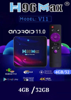 Смарт ТБ-приставка H96 Max V11 4/32 ГБ | Android 11 | 4K Ultra HD | YouTube | Wi-Fi | IPTV | HDMI