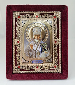 Настольная икона Святителя Николая на бархатной основе, 17х14х2 см