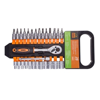 Набор головок и бит с трещоткой 28пр. 1/4'' (4-13мм, Torx:T10, 15, 20, 25, 30, Hex:3-6мм, SL:4, 5.5, 7мм, PH1, 2) в