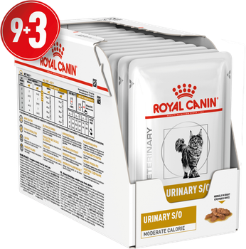 Упаковка вологого дієтичного корму для котів Royal Canin Veterinary Urinary S/O Moderate Calorie при захворюваннях нижніх сечовивідних шляхів (шматочки в соусі) 12 шт х 85 г (9003579027738) (9003579010228) (40800010) (1272579027736) (11880)