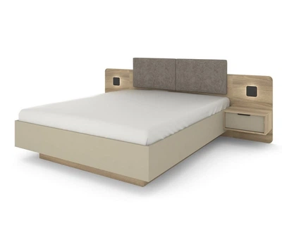 Кровать (каркас) Летто / Letto 160 двуспальная с тумбами прикроватными и подсветкой Дуб терра темный/серый каменный Perfect Home