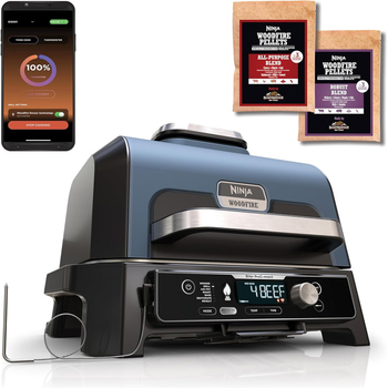Електричний BBQ гриль-коптильня Ninja Woodfire Pro Connect XL з керуванням через додаток, цифровим термощупом, 7-в-1, аерофритюрницею, чорно-синій, з деревними пелетами