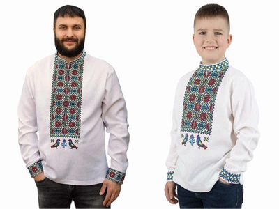 Вышиванки семейные парные льняные папа сын Орнамент с голубями 2418020411 лен мужская (L)96-100 для мальчика 128см белые (245050411128)