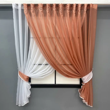 Кухонные шторки VR-Textil № 060к «Дуэт» с подвязками пудровый с белым 330х170 см (52-1189)