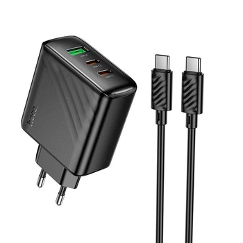 Мережевий зарядний пристрій адаптер Hoco CS26A Article |1USB/2Type-C, 45W/3A, підтримка швидкої зарядки PD/QC, багаторівневий захист, універсальна сумісність| + Кабель Type-C to Type-C у комплекті |1 м| Чорний