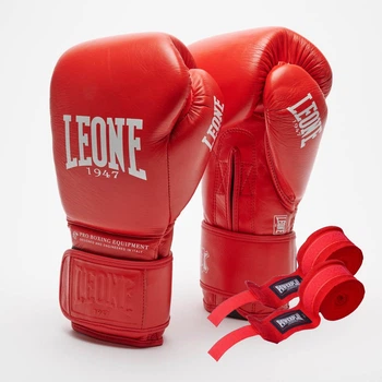 Боксерские перчатки Leone натуральная кожа 12 унций красные с бинтами 4 м. (657648)
