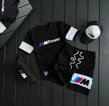 Костюм комплект чоловічий літо шорти футболка кепка бананка BMW M чорний