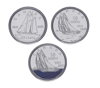 Набор монет Канада набор из 3 монет по 10 центов 2021 UNC 100 лет шхуне Bluenose