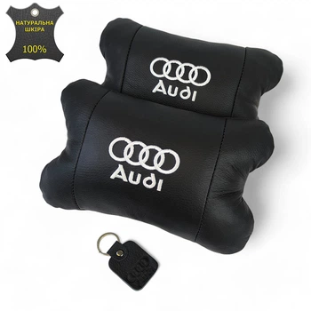 Набор автодушки 2шт на подголовник Audi / Ауди из натуральной кожи черная / Подголовник в машину